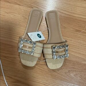 A New Day Kelsey Rhinestone Buckle Slide Sandals Beige Tan Size9 NWT